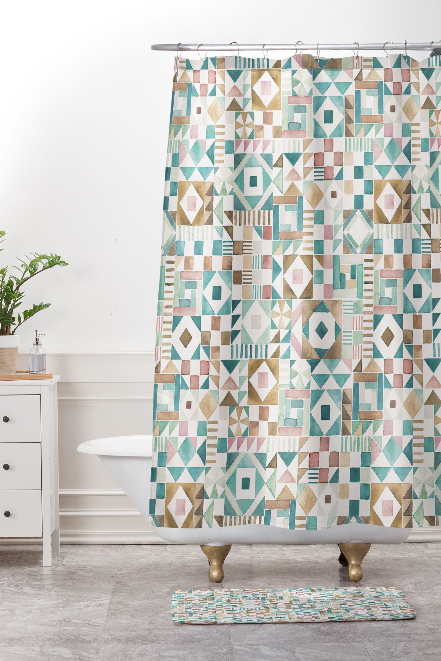 Ninola Design Charming Nostalgia Geometric Tiles Patchwork Aqua Pink Gold Shower Curtain And Mat