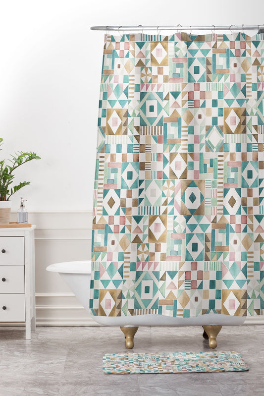 Ninola Design Charming Nostalgia Geometric Tiles Patchwork Aqua Pink Gold Shower Curtain And Mat