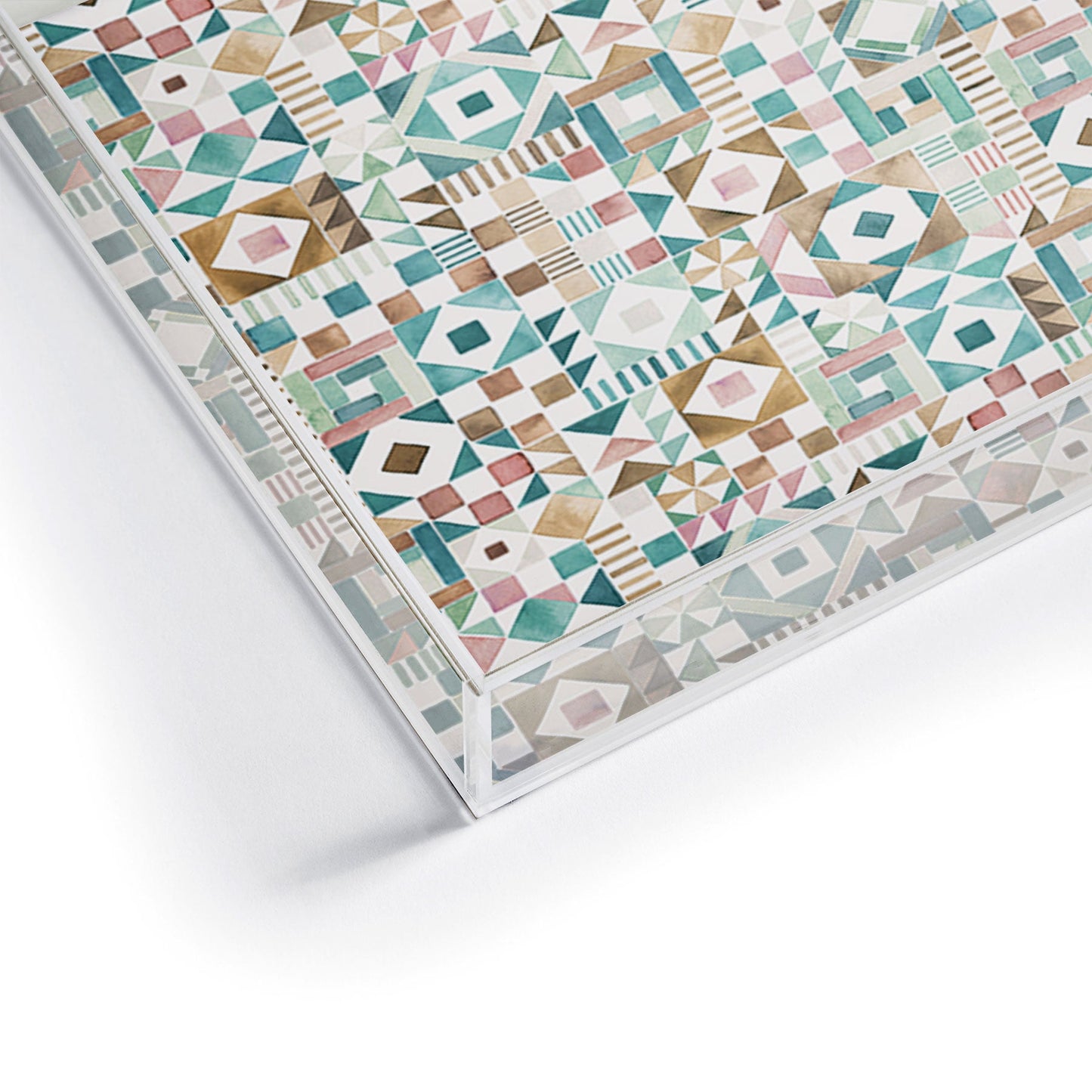 Ninola Design Charming Nostalgia Geometric Tiles Patchwork Aqua Pink Gold Acrylic Tray