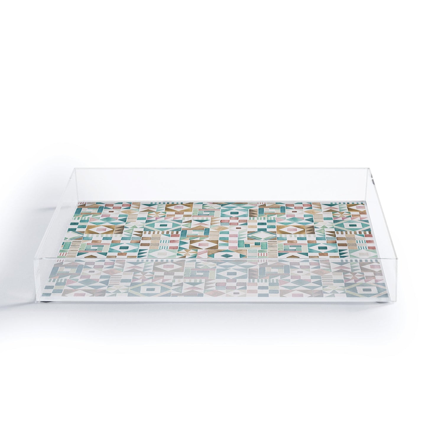 Ninola Design Charming Nostalgia Geometric Tiles Patchwork Aqua Pink Gold Acrylic Tray