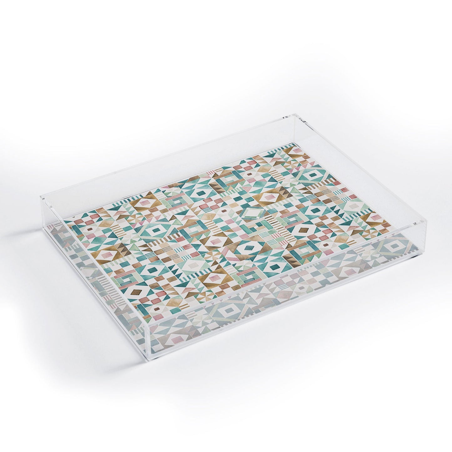 Ninola Design Charming Nostalgia Geometric Tiles Patchwork Aqua Pink Gold Acrylic Tray