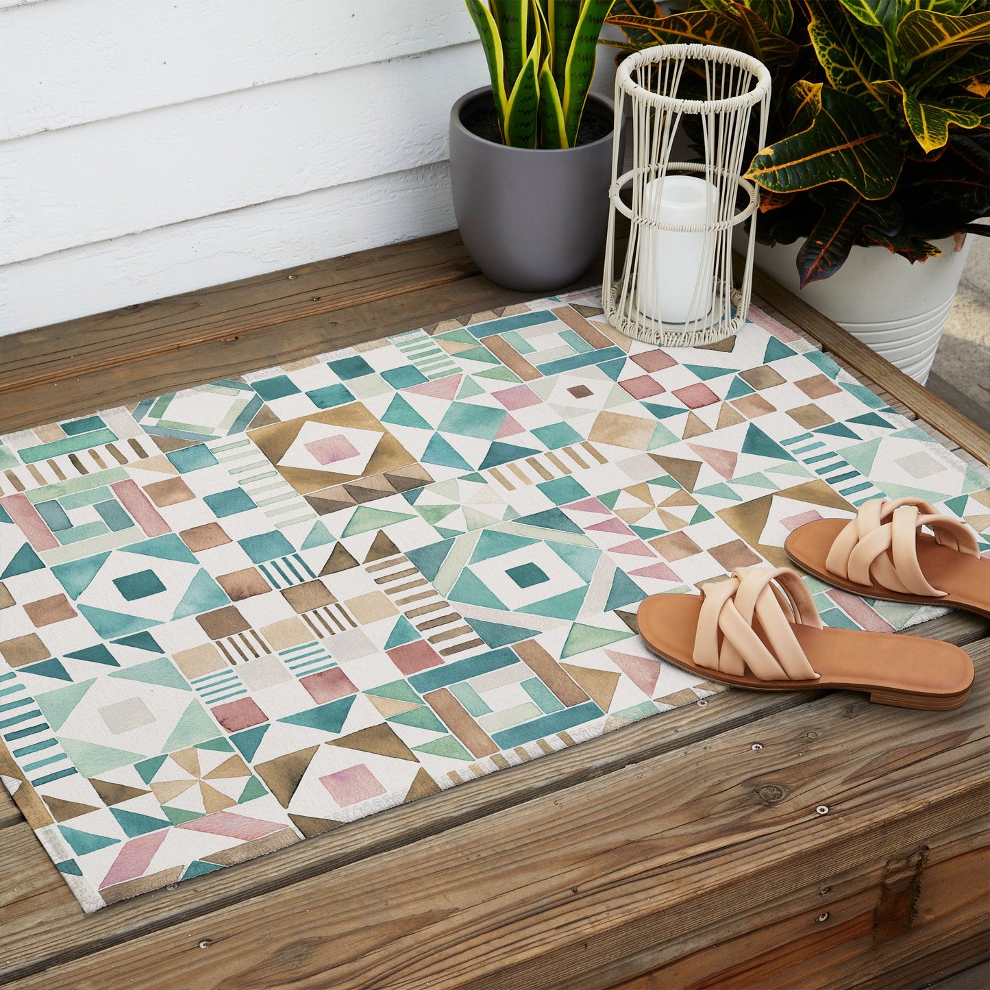 Ninola Design Charming Nostalgia Geometric Tiles Patchwork Aqua Pink Gold Outdoor Rug