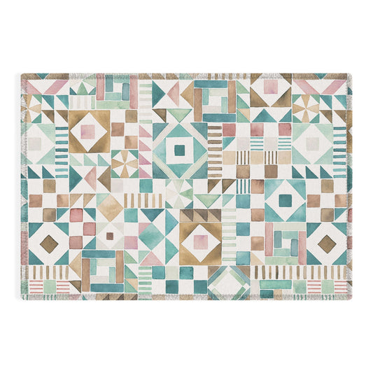 Ninola Design Charming Nostalgia Geometric Tiles Patchwork Aqua Pink Gold Outdoor Rug