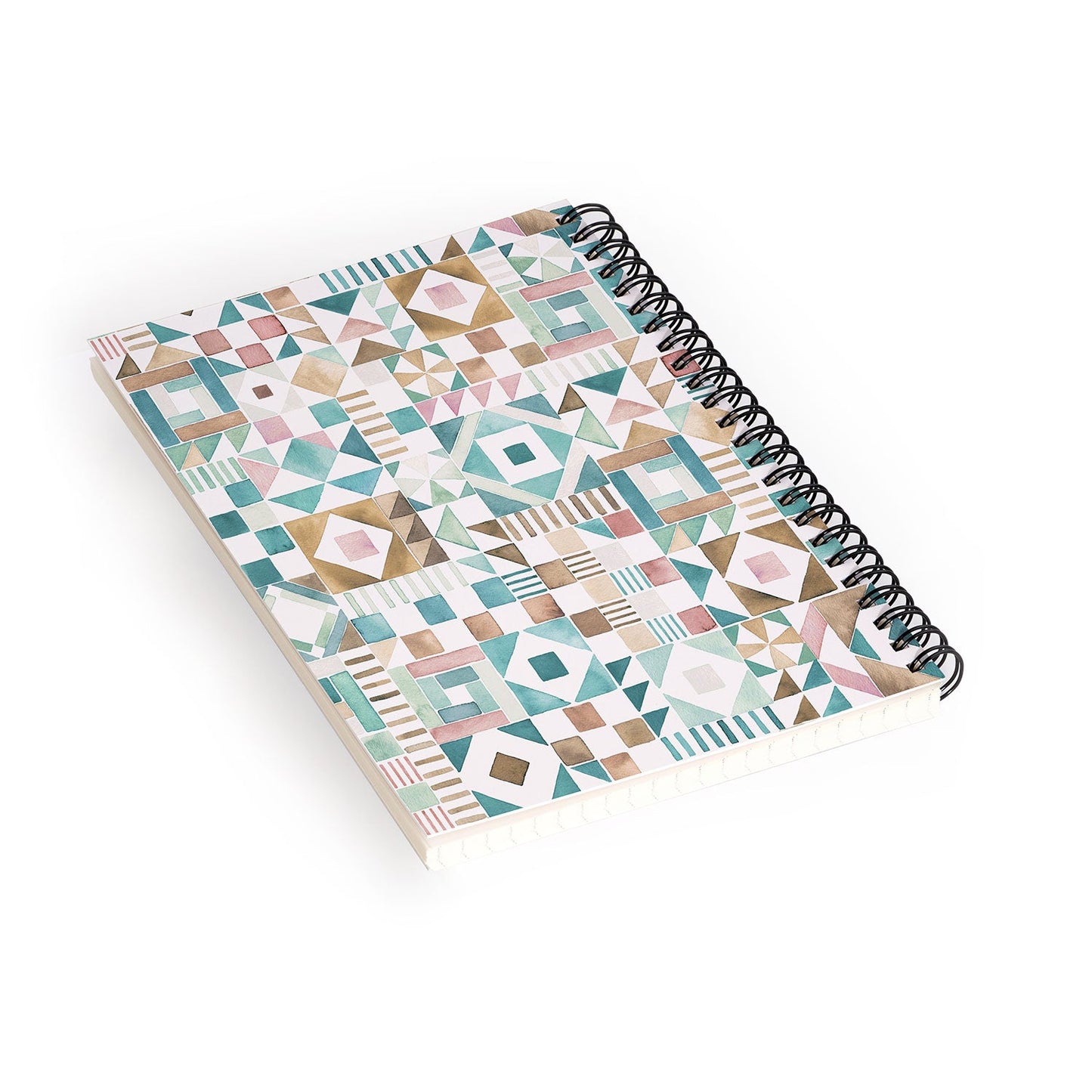 Ninola Design Charming Nostalgia Geometric Tiles Patchwork Aqua Pink Gold Spiral Notebook