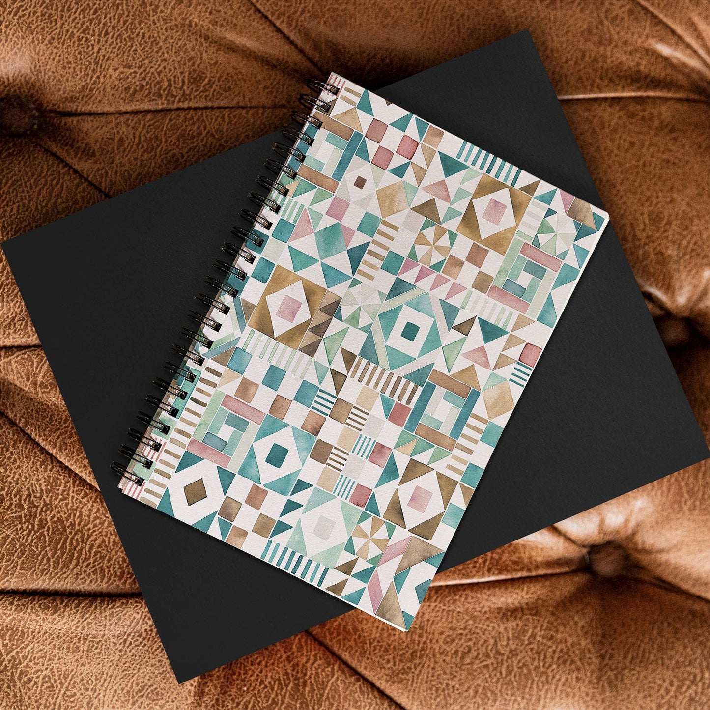 Ninola Design Charming Nostalgia Geometric Tiles Patchwork Aqua Pink Gold Spiral Notebook