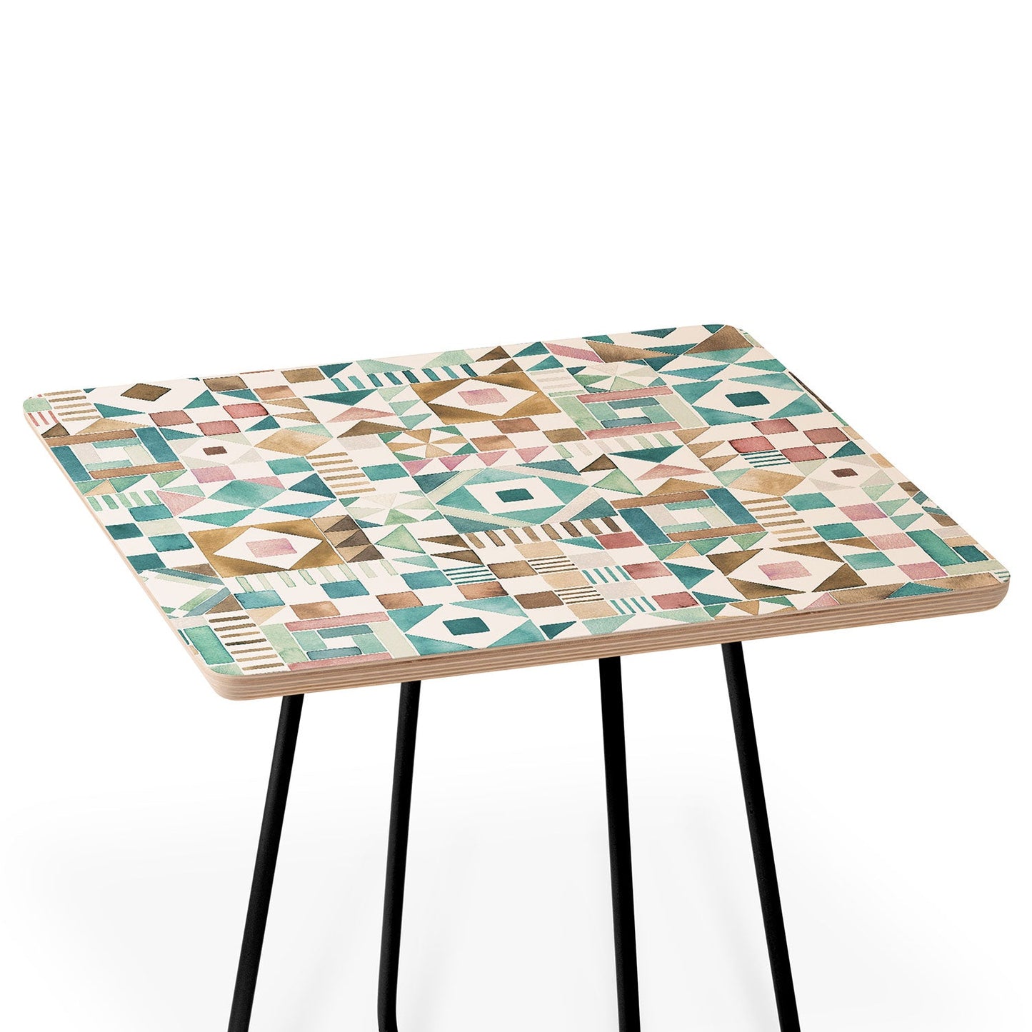 Ninola Design Charming Nostalgia Geometric Tiles Patchwork Aqua Pink Gold Side Table