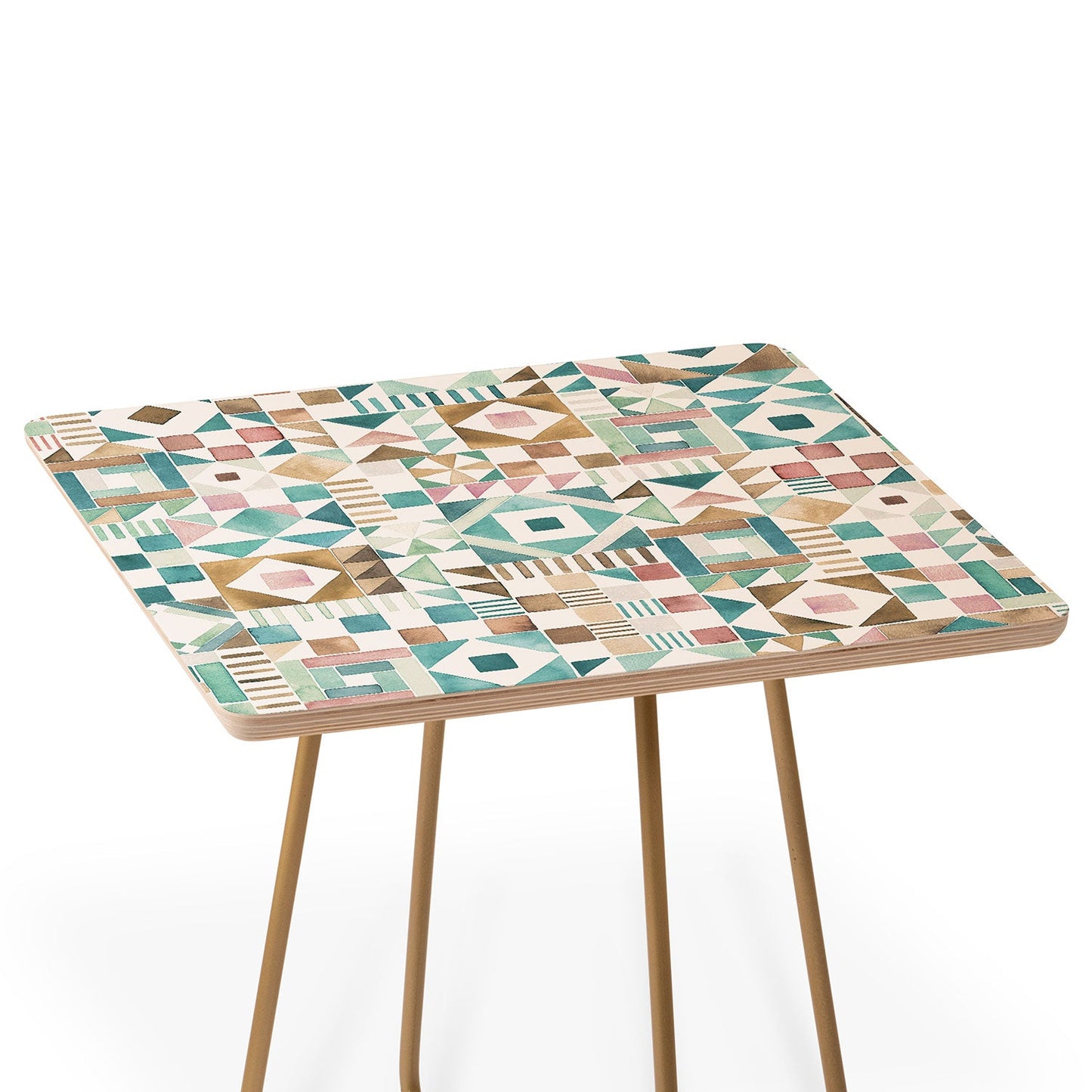 Ninola Design Charming Nostalgia Geometric Tiles Patchwork Aqua Pink Gold Side Table