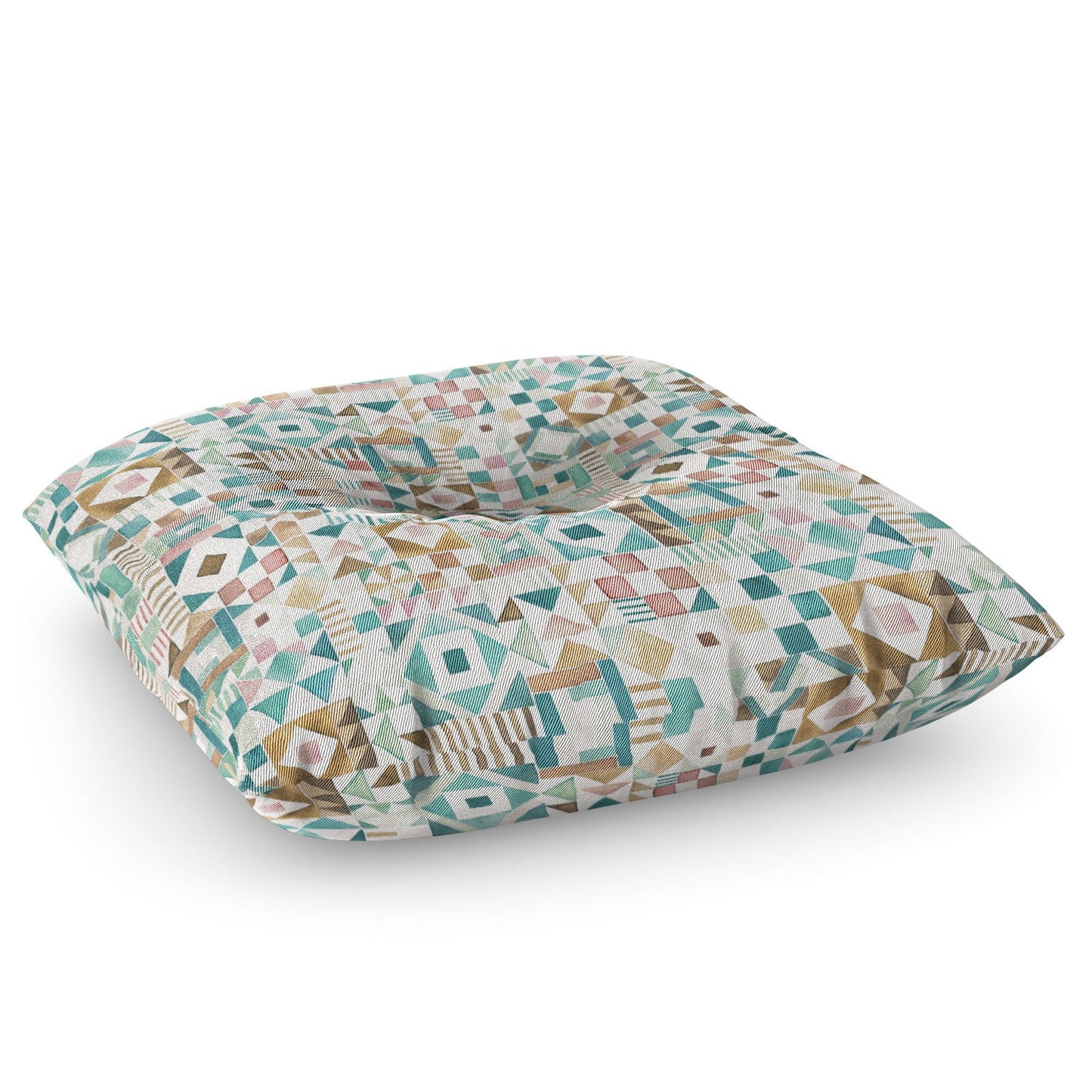 Ninola Design Charming Nostalgia Geometric Tiles Patchwork Aqua Pink Gold Floor Pillow Square