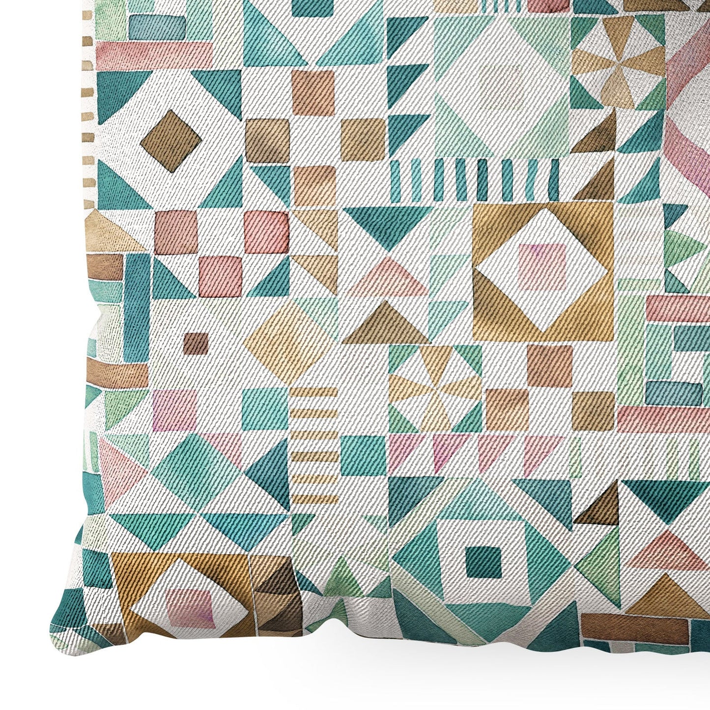 Ninola Design Charming Nostalgia Geometric Tiles Patchwork Aqua Pink Gold Floor Pillow Square