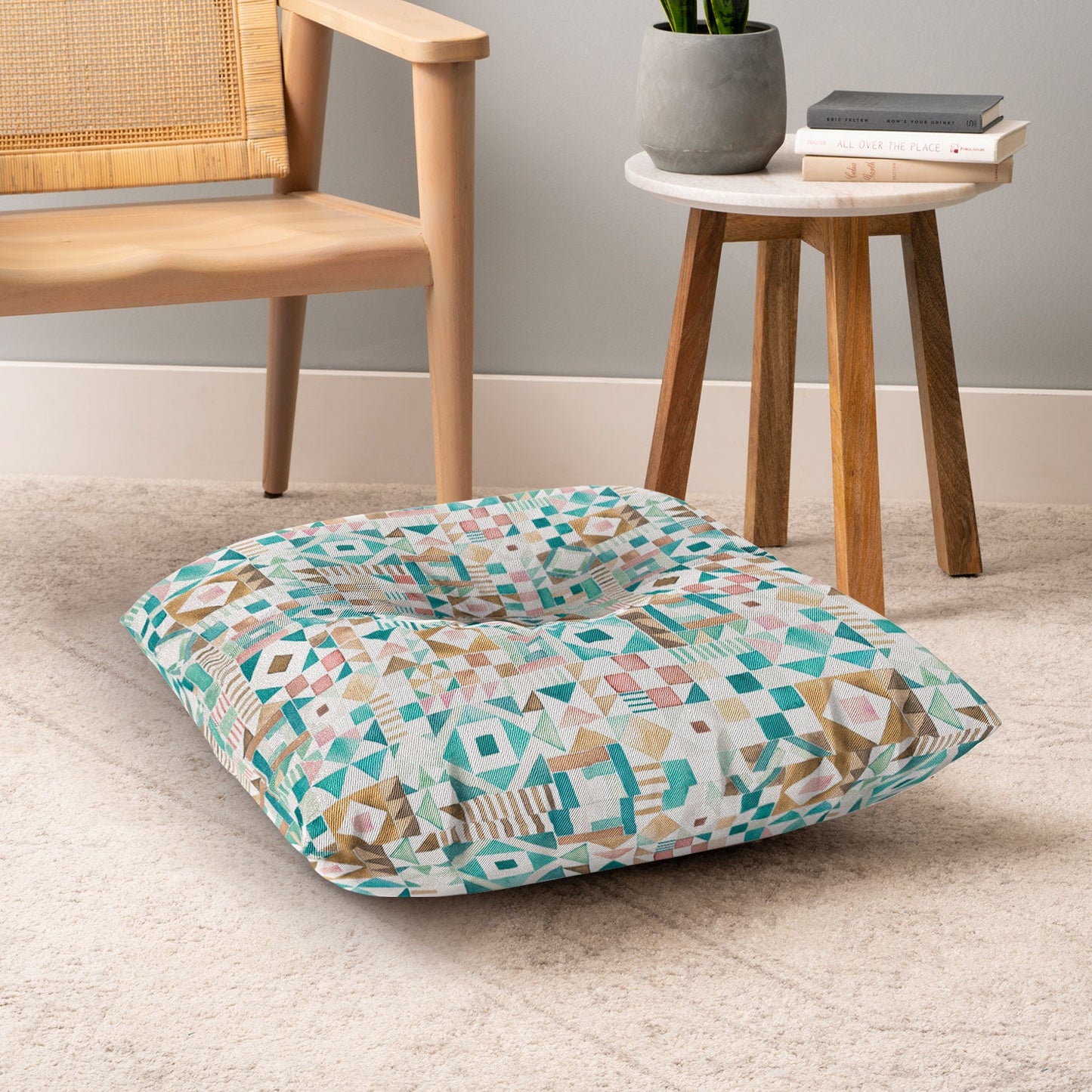 Ninola Design Charming Nostalgia Geometric Tiles Patchwork Aqua Pink Gold Floor Pillow Square