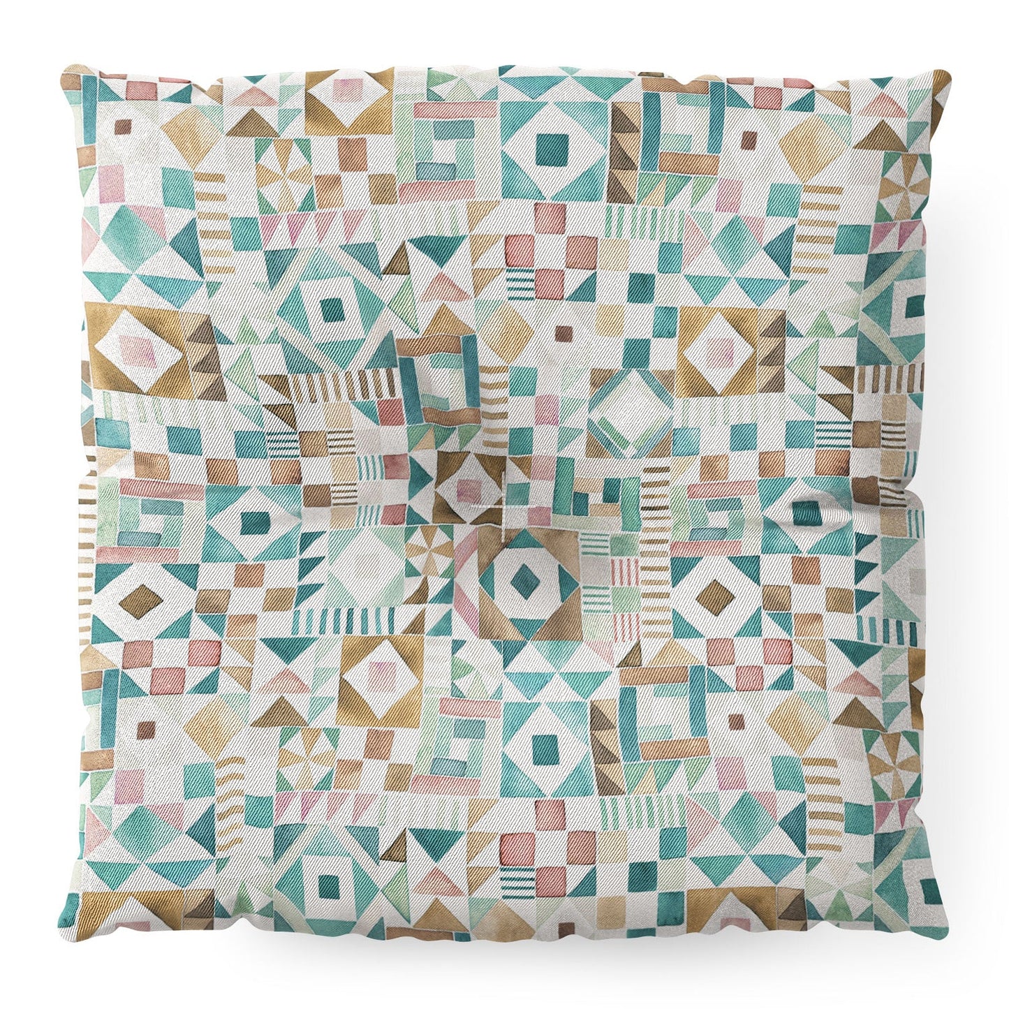 Ninola Design Charming Nostalgia Geometric Tiles Patchwork Aqua Pink Gold Floor Pillow Square
