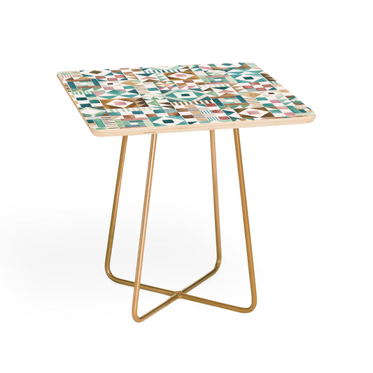 Ninola Design Charming Nostalgia Geometric Tiles Patchwork Aqua Pink Gold Side Table