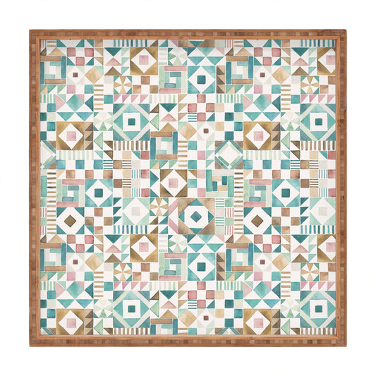 Ninola Design Charming Nostalgia Geometric Tiles Patchwork Aqua Pink Gold Square Tray