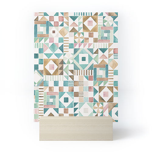 Ninola Design Charming Nostalgia Geometric Tiles Patchwork Aqua Pink Gold Mini Art Print