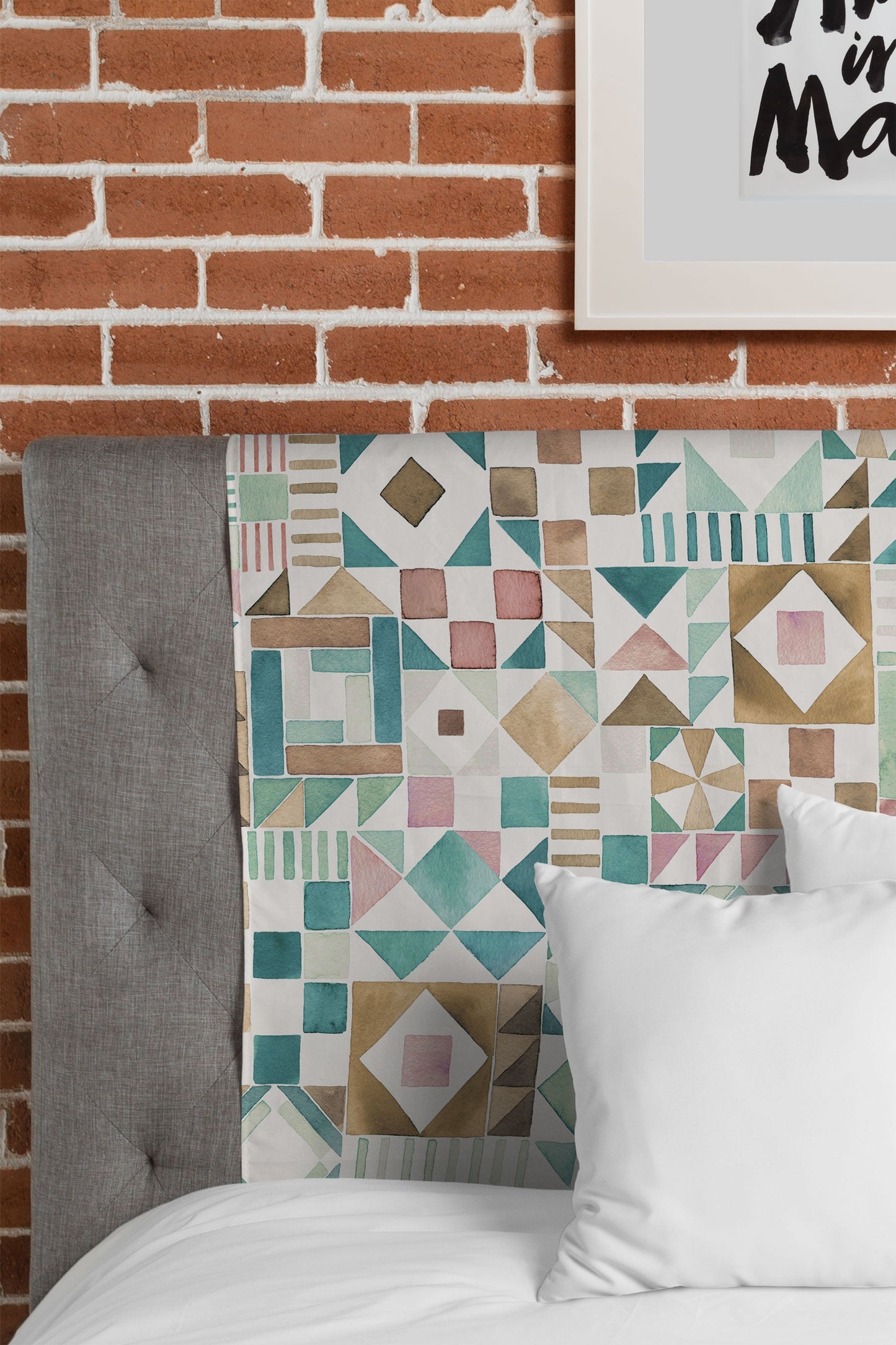 Ninola Design Charming Nostalgia Geometric Tiles Patchwork Aqua Pink Gold Tapestry