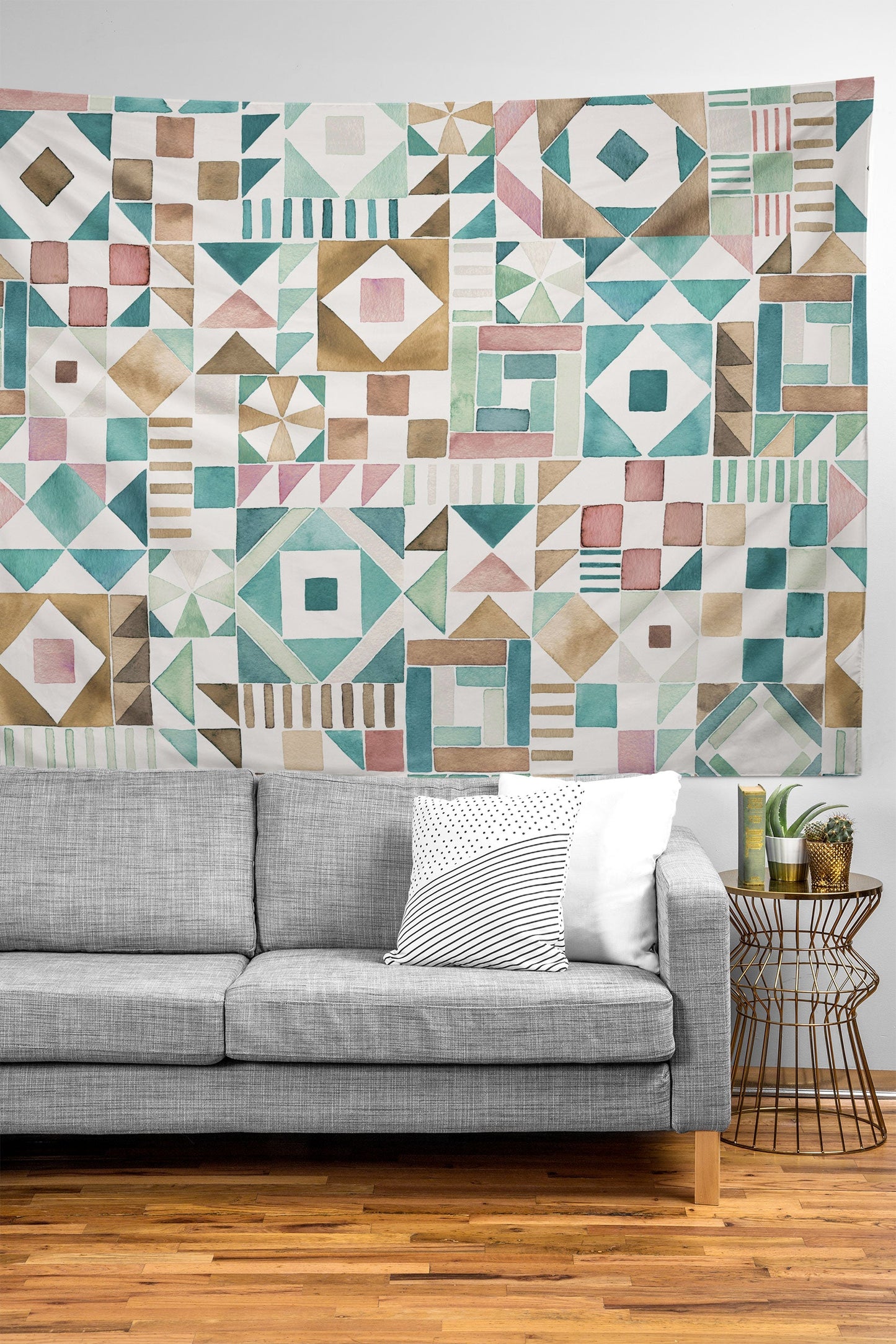 Ninola Design Charming Nostalgia Geometric Tiles Patchwork Aqua Pink Gold Tapestry