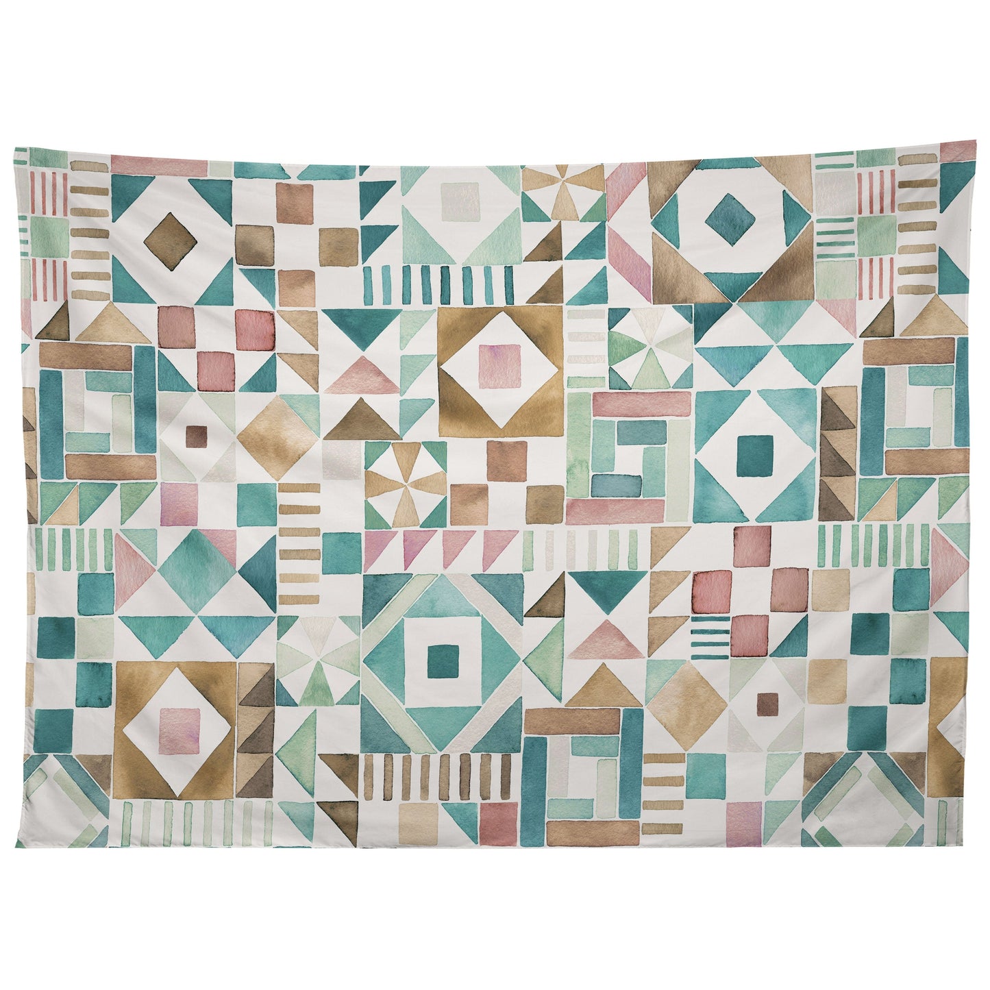 Ninola Design Charming Nostalgia Geometric Tiles Patchwork Aqua Pink Gold Tapestry