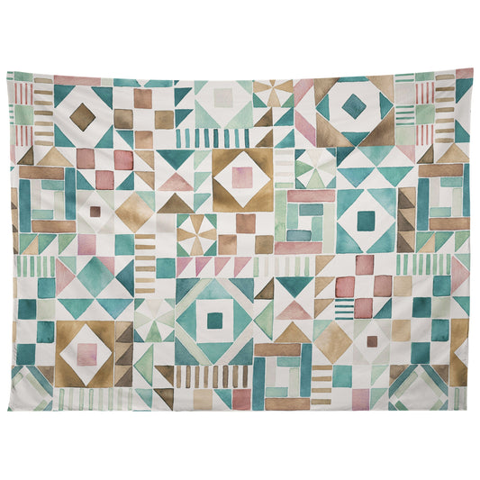 Ninola Design Charming Nostalgia Geometric Tiles Patchwork Aqua Pink Gold Tapestry