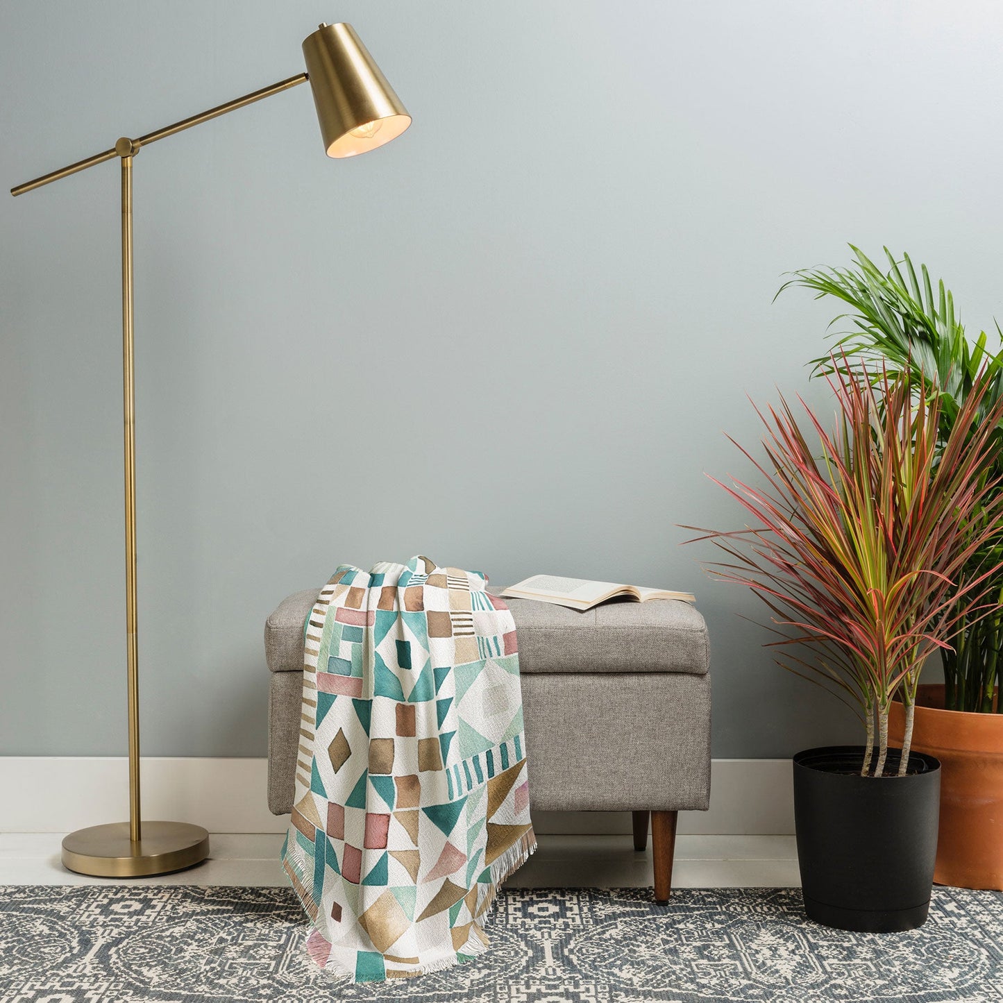 Ninola Design Charming Nostalgia Geometric Tiles Patchwork Aqua Pink Gold Throw Blanket