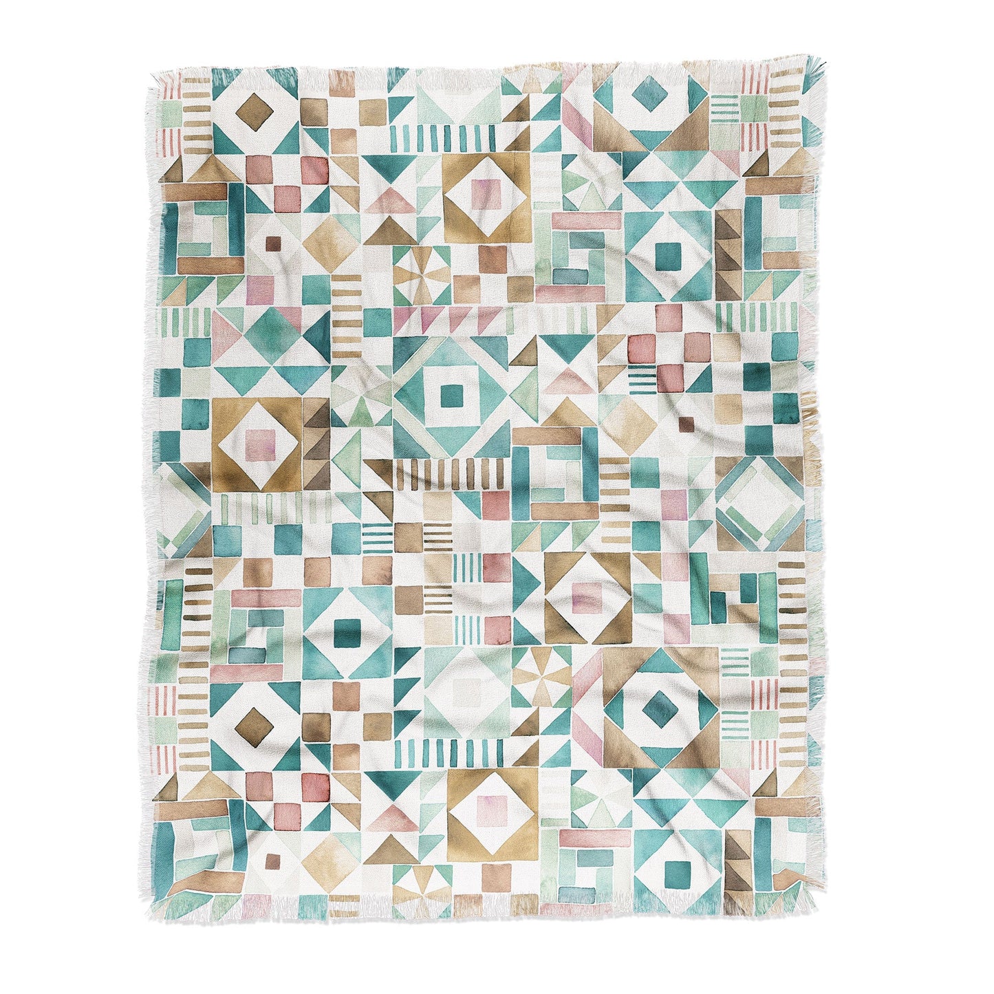 Ninola Design Charming Nostalgia Geometric Tiles Patchwork Aqua Pink Gold Throw Blanket