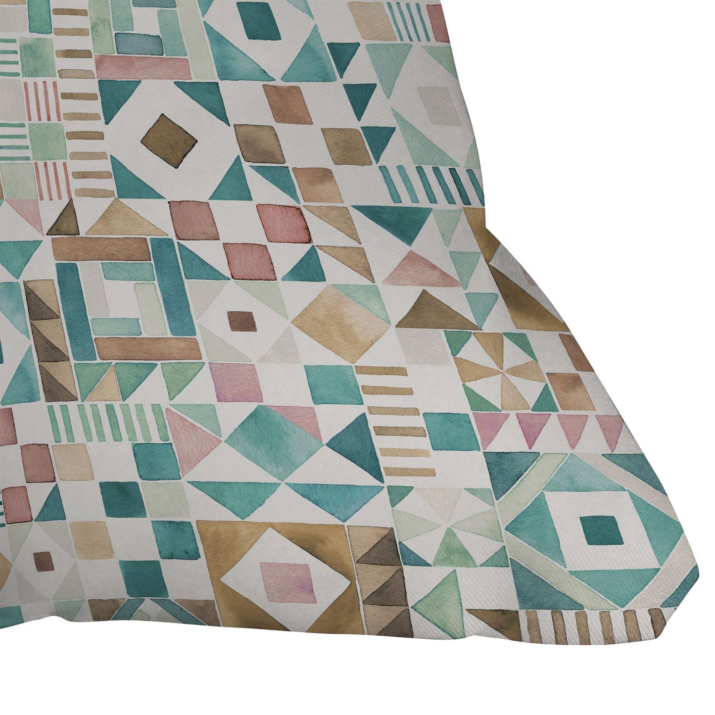 Ninola Design Charming Nostalgia Geometric Tiles Patchwork Aqua Pink Gold Outdoor Throw Pillow