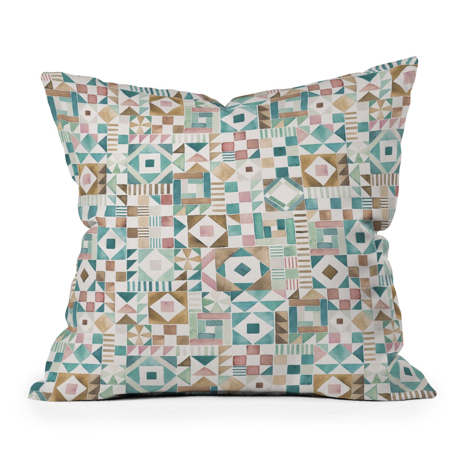 Ninola Design Charming Nostalgia Geometric Tiles Patchwork Aqua Pink Gold Throw Pillow
