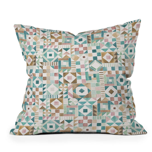Ninola Design Charming Nostalgia Geometric Tiles Patchwork Aqua Pink Gold Throw Pillow