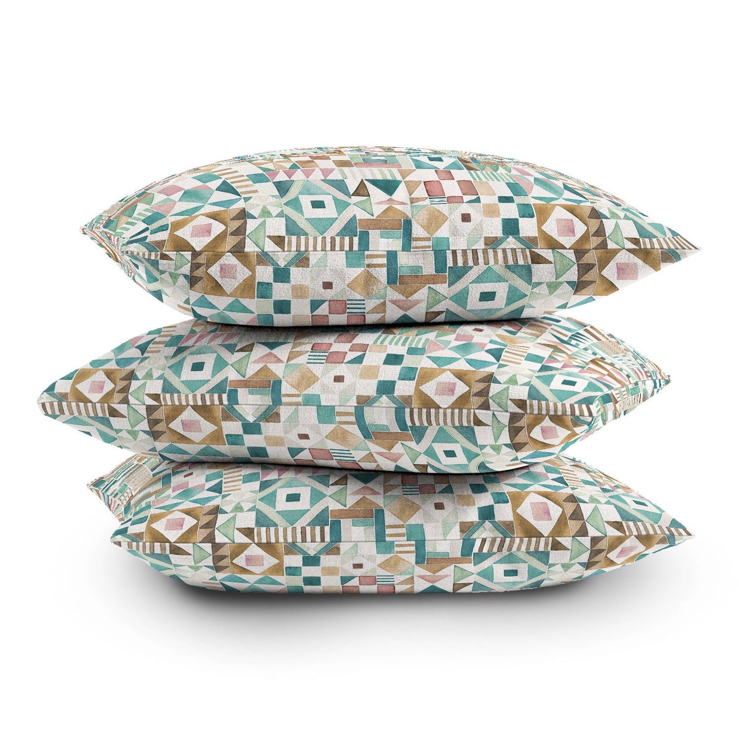 Ninola Design Charming Nostalgia Geometric Tiles Patchwork Aqua Pink Gold Throw Pillow