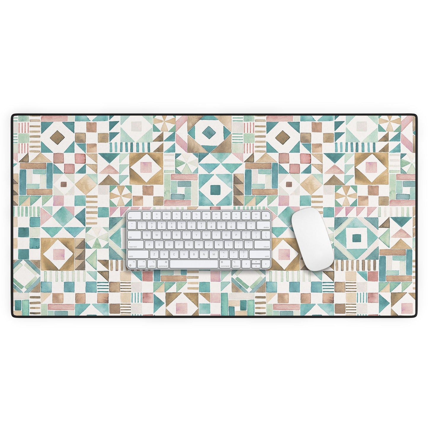 Ninola Design Charming Nostalgia Geometric Tiles Patchwork Aqua Pink Gold Desk Mat