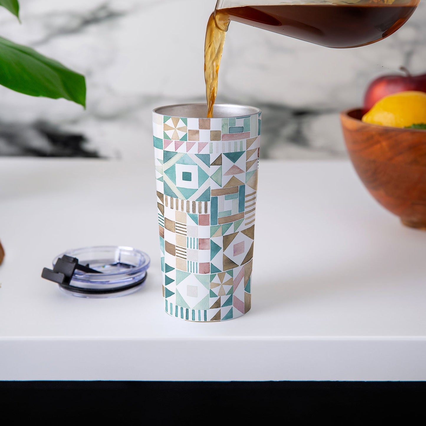 Ninola Design Charming Nostalgia Geometric Tiles Patchwork Aqua Pink Gold Travel Mug