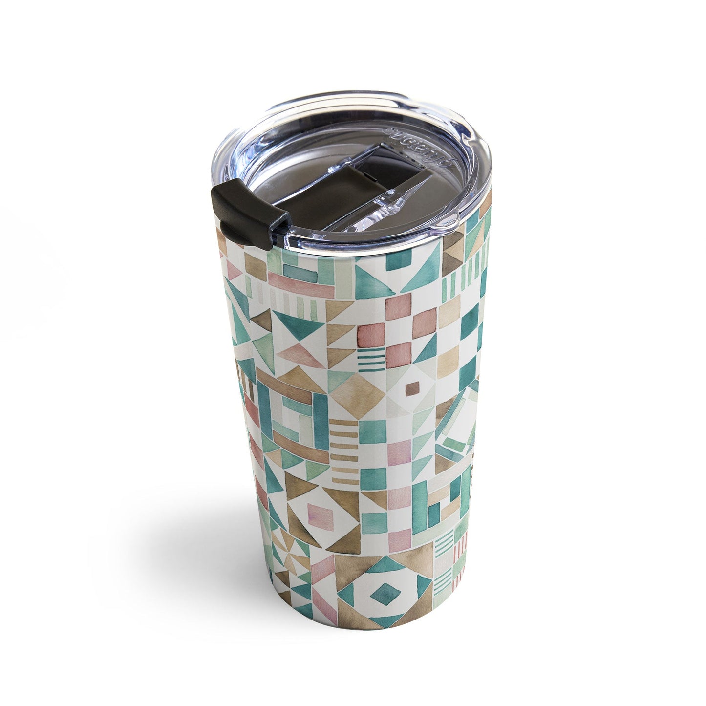 Ninola Design Charming Nostalgia Geometric Tiles Patchwork Aqua Pink Gold Travel Mug