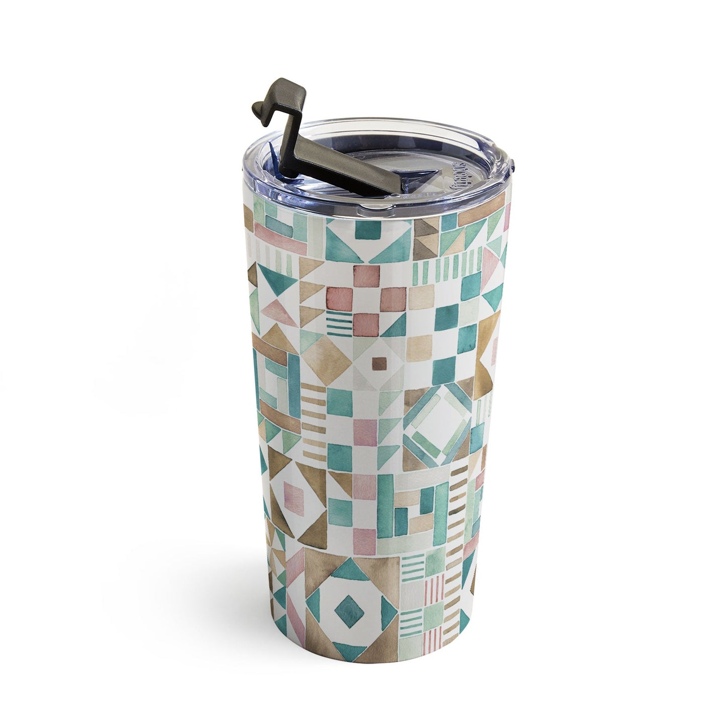 Ninola Design Charming Nostalgia Geometric Tiles Patchwork Aqua Pink Gold Travel Mug