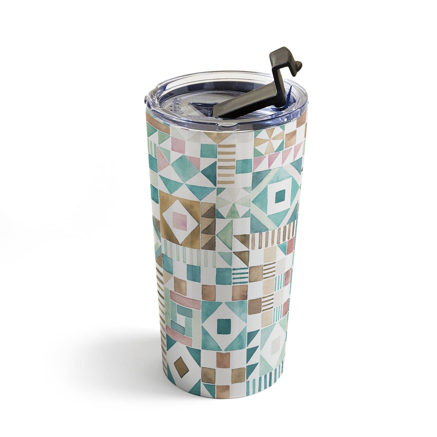 Ninola Design Charming Nostalgia Geometric Tiles Patchwork Aqua Pink Gold Travel Mug