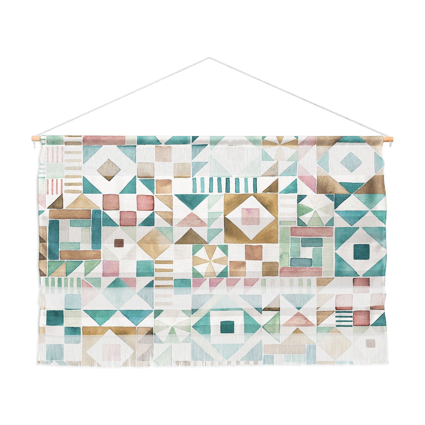 Ninola Design Charming Nostalgia Geometric Tiles Patchwork Aqua Pink Gold Wall Hanging Landscape