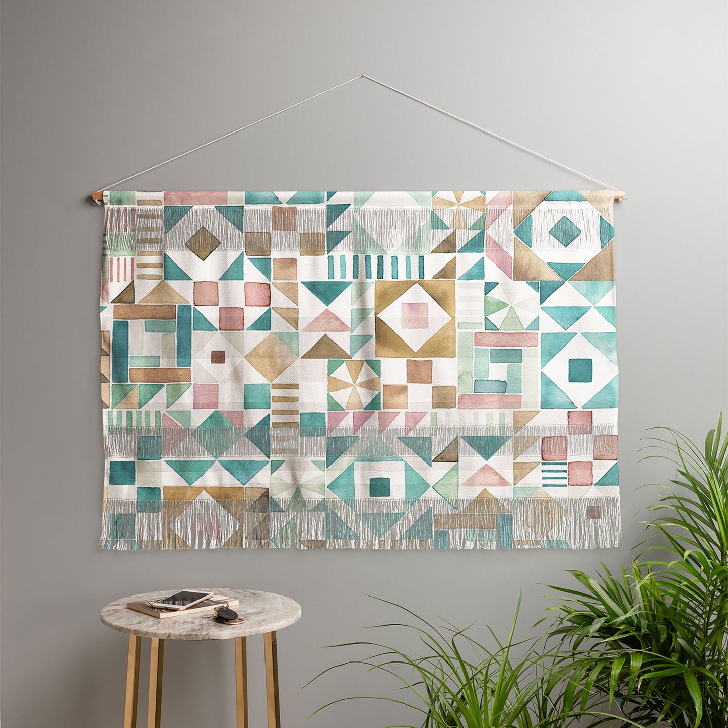Ninola Design Charming Nostalgia Geometric Tiles Patchwork Aqua Pink Gold Wall Hanging Landscape
