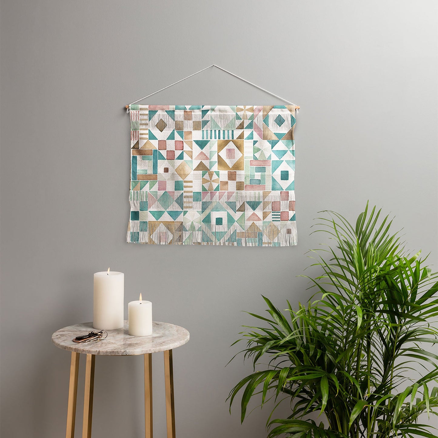 Ninola Design Charming Nostalgia Geometric Tiles Patchwork Aqua Pink Gold Wall Hanging Landscape
