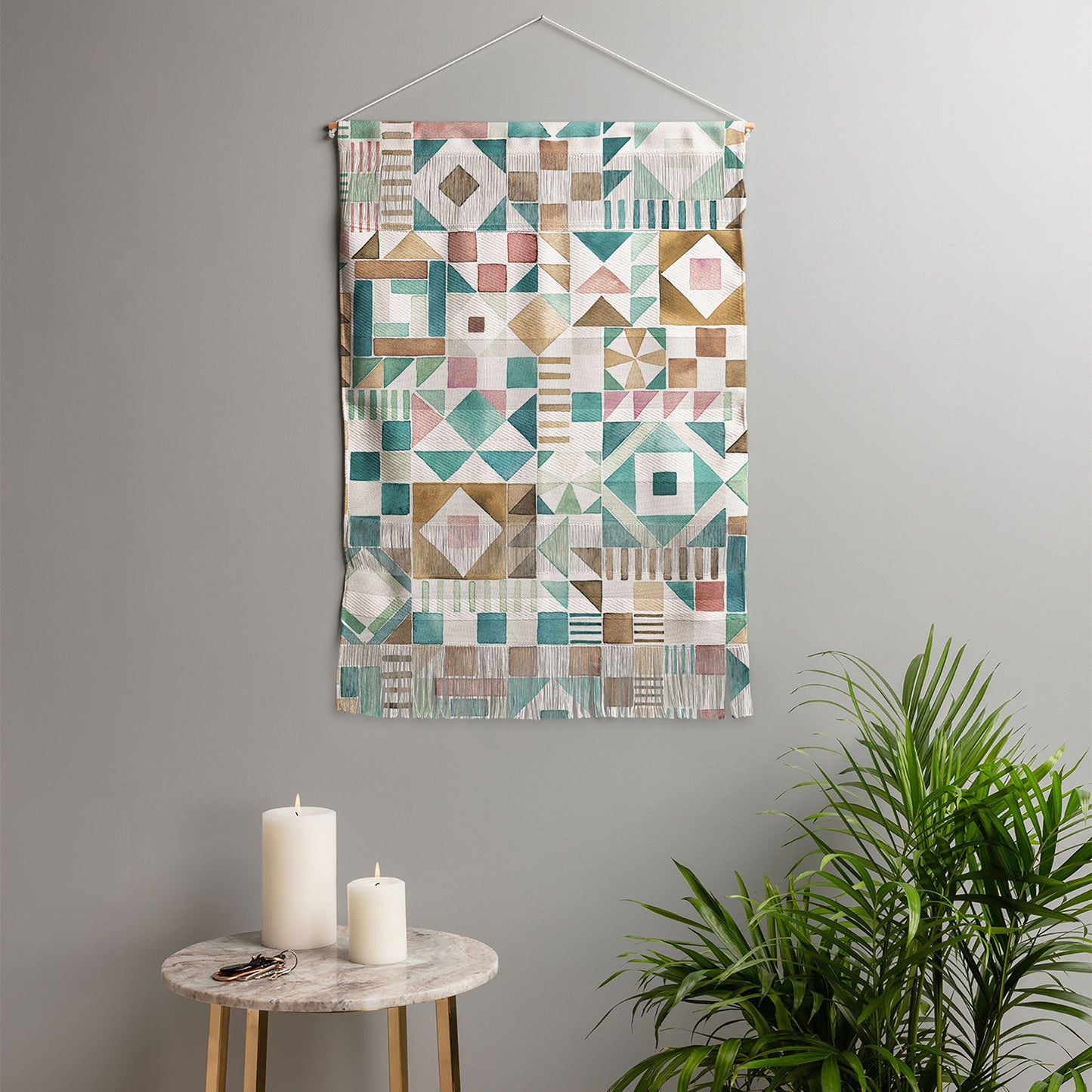 Ninola Design Charming Nostalgia Geometric Tiles Patchwork Aqua Pink Gold Wall Hanging Portrait