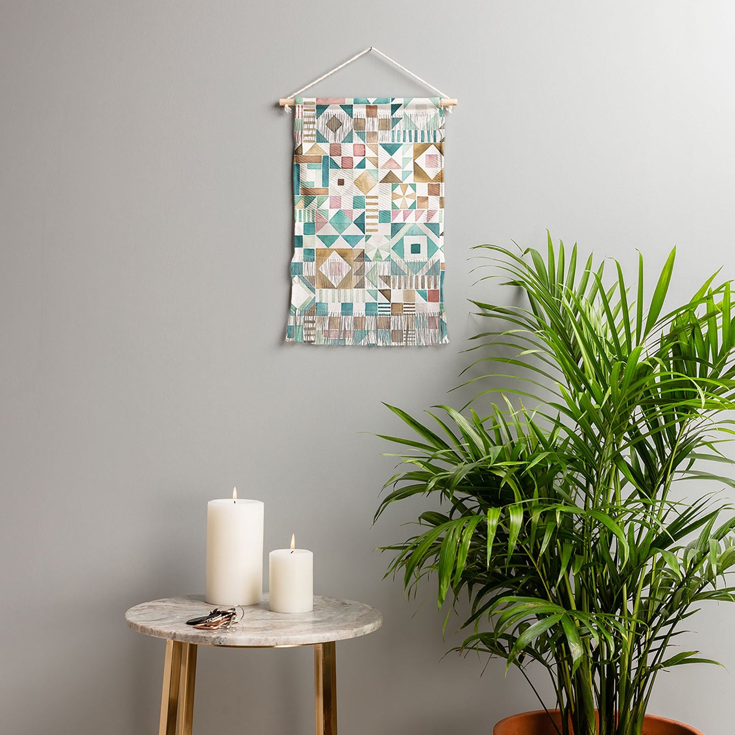 Ninola Design Charming Nostalgia Geometric Tiles Patchwork Aqua Pink Gold Wall Hanging Portrait