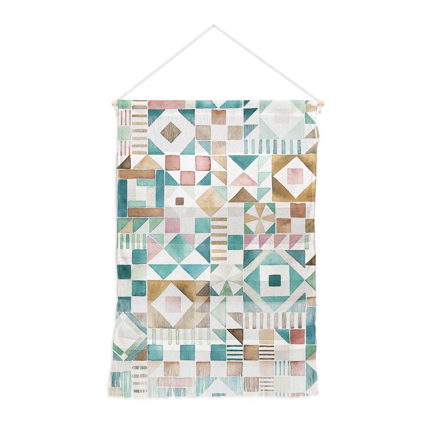 Ninola Design Charming Nostalgia Geometric Tiles Patchwork Aqua Pink Gold Wall Hanging Portrait