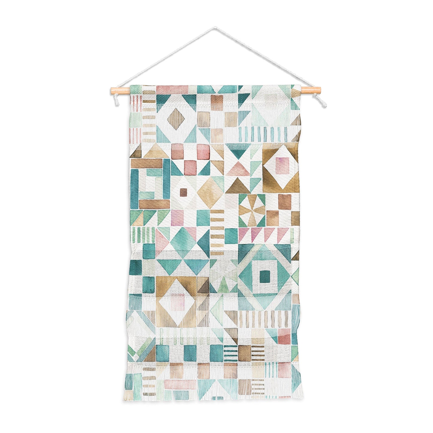 Ninola Design Charming Nostalgia Geometric Tiles Patchwork Aqua Pink Gold Wall Hanging Portrait