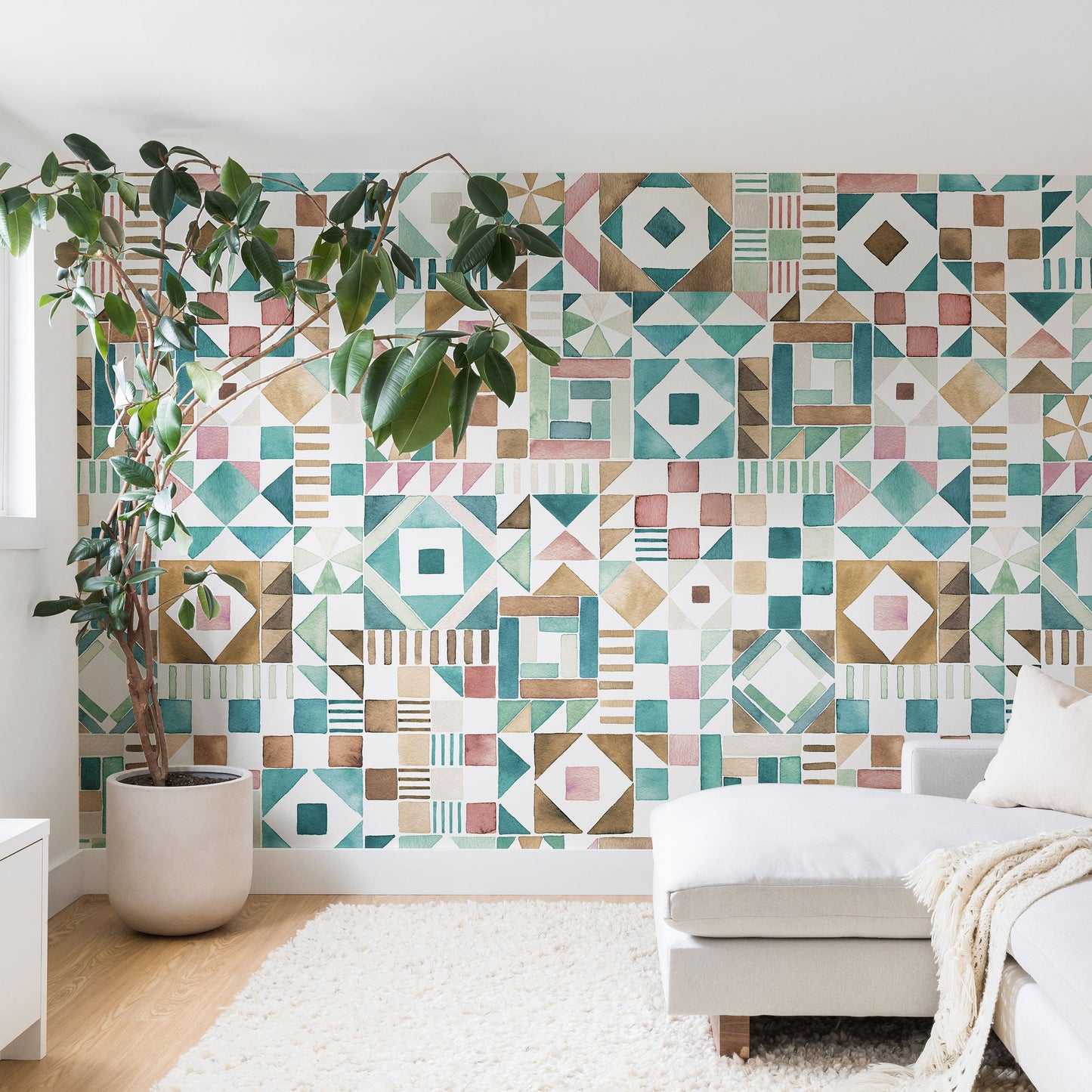 Ninola Design Charming Nostalgia Geometric Tiles Patchwork Aqua Pink Gold Wall Mural