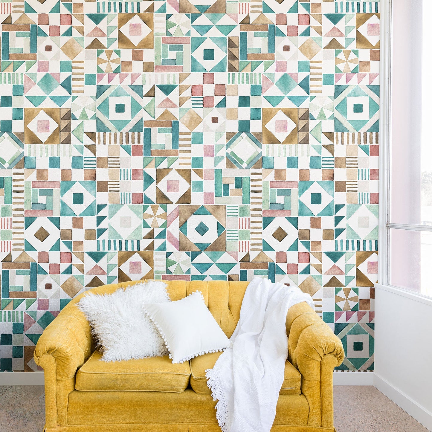 Ninola Design Charming Nostalgia Geometric Tiles Patchwork Aqua Pink Gold Wall Mural