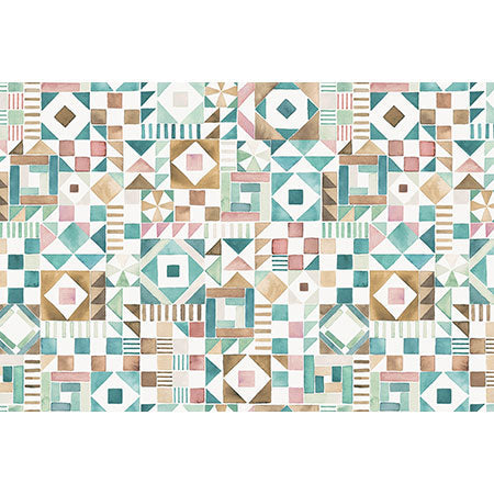 Ninola Design Charming Nostalgia Geometric Tiles Patchwork Aqua Pink Gold Wall Mural