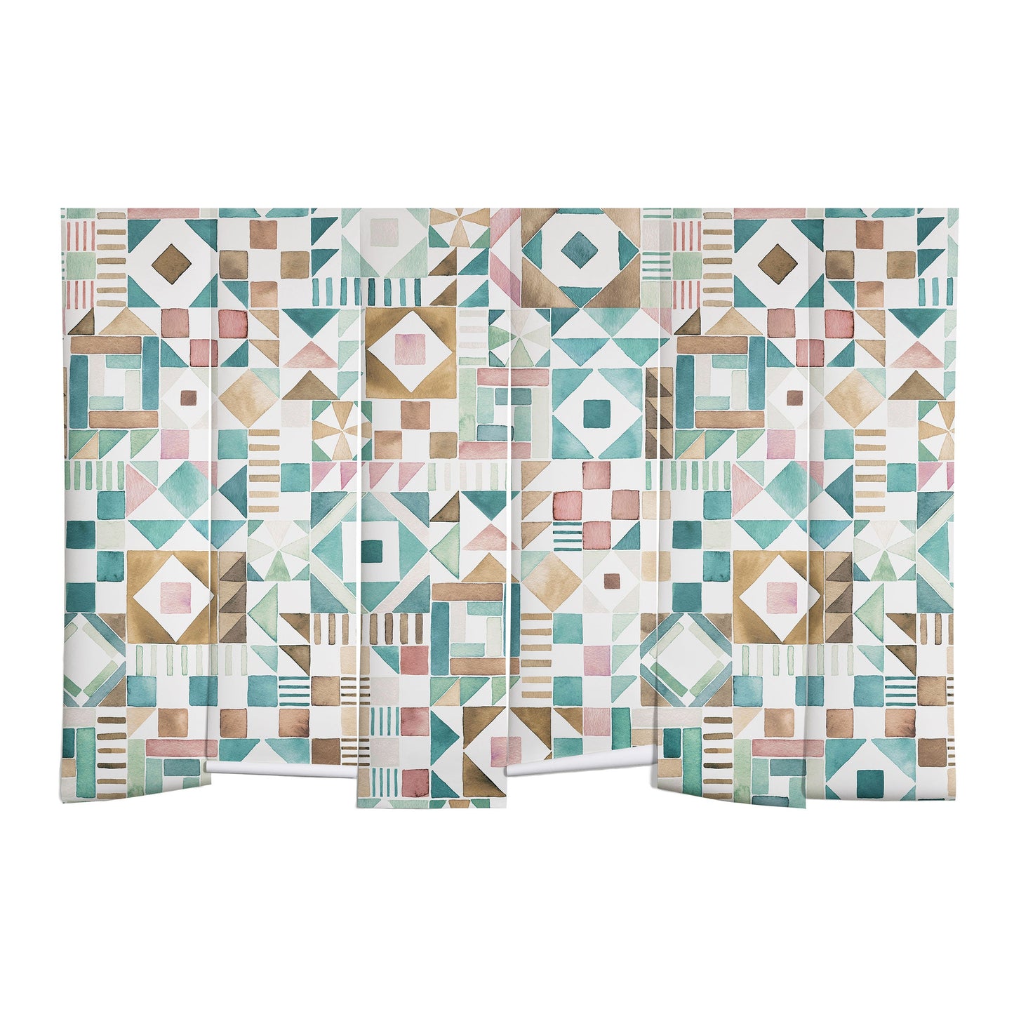 Ninola Design Charming Nostalgia Geometric Tiles Patchwork Aqua Pink Gold Wall Mural