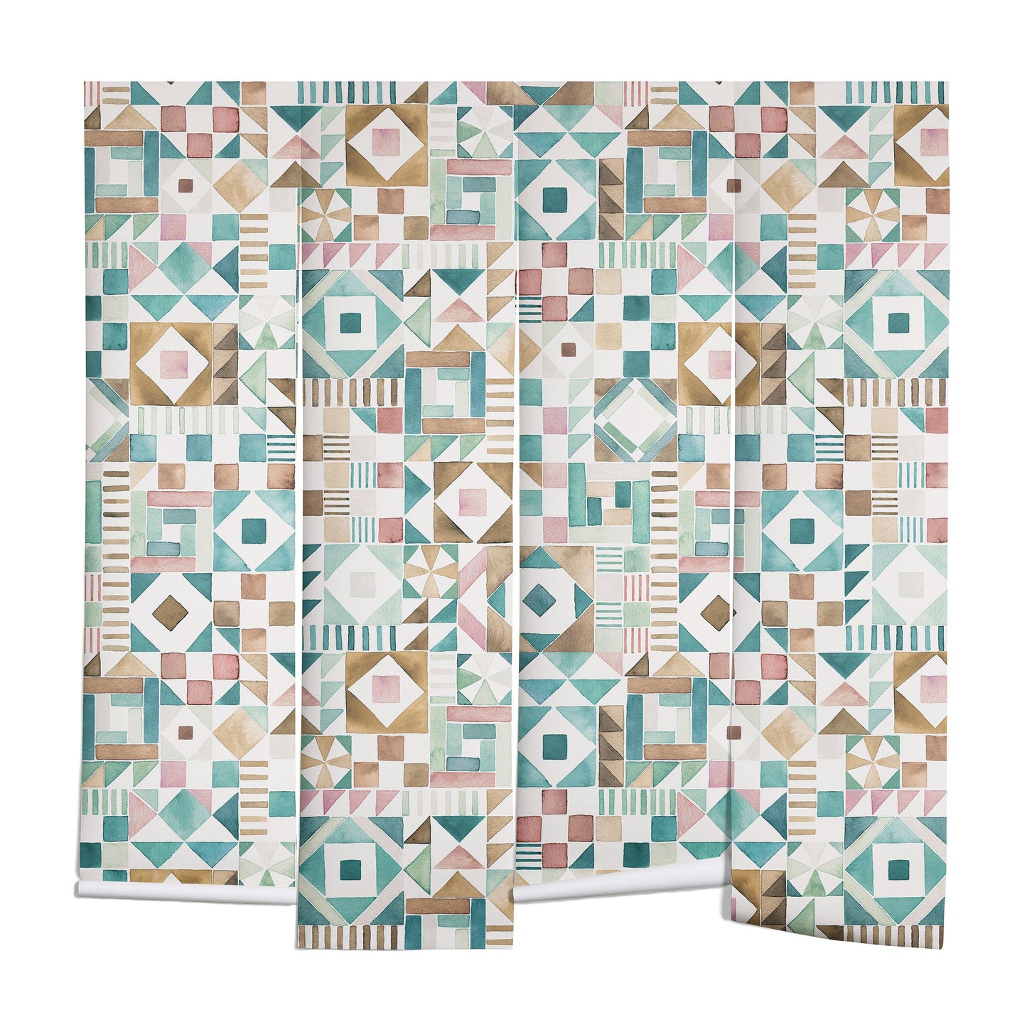 Ninola Design Charming Nostalgia Geometric Tiles Patchwork Aqua Pink Gold Wall Mural