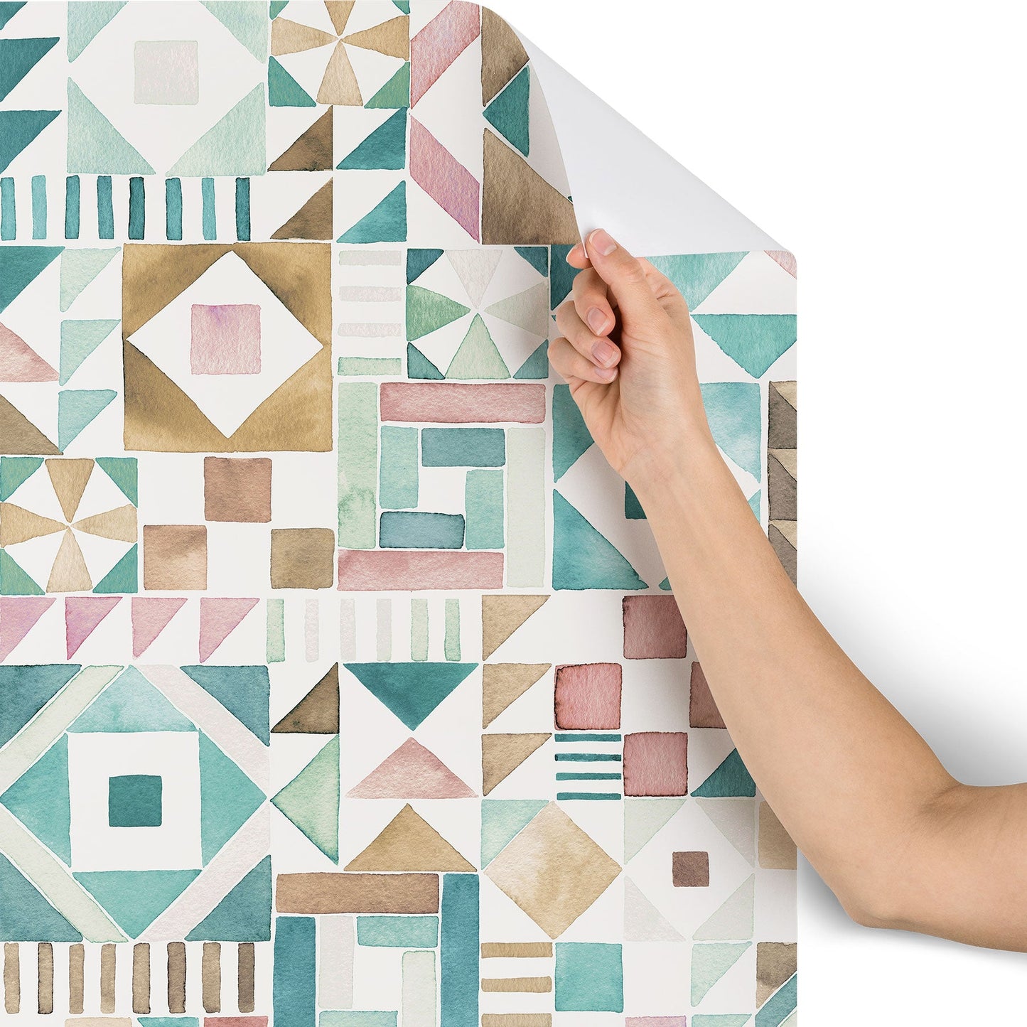 Ninola Design Charming Nostalgia Geometric Tiles Patchwork Aqua Pink Gold Wallpaper