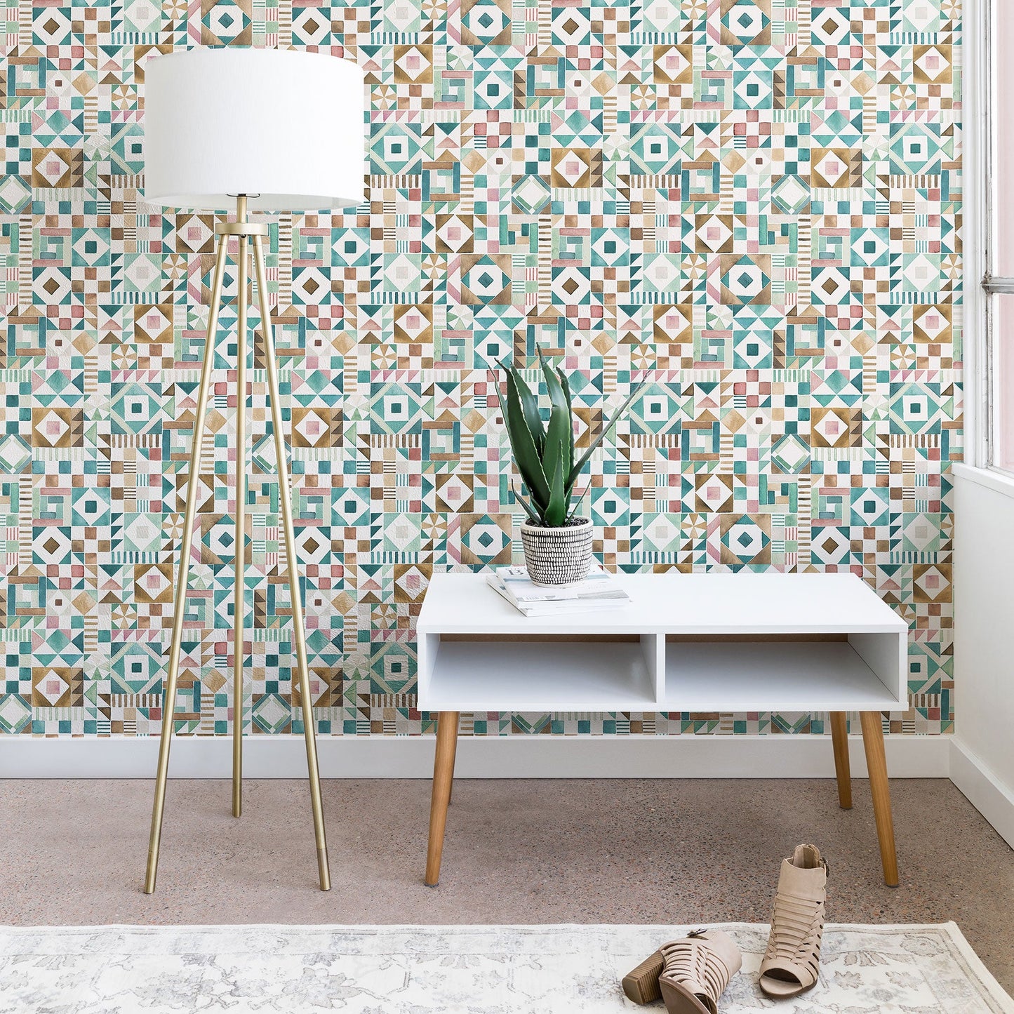 Ninola Design Charming Nostalgia Geometric Tiles Patchwork Aqua Pink Gold Wallpaper