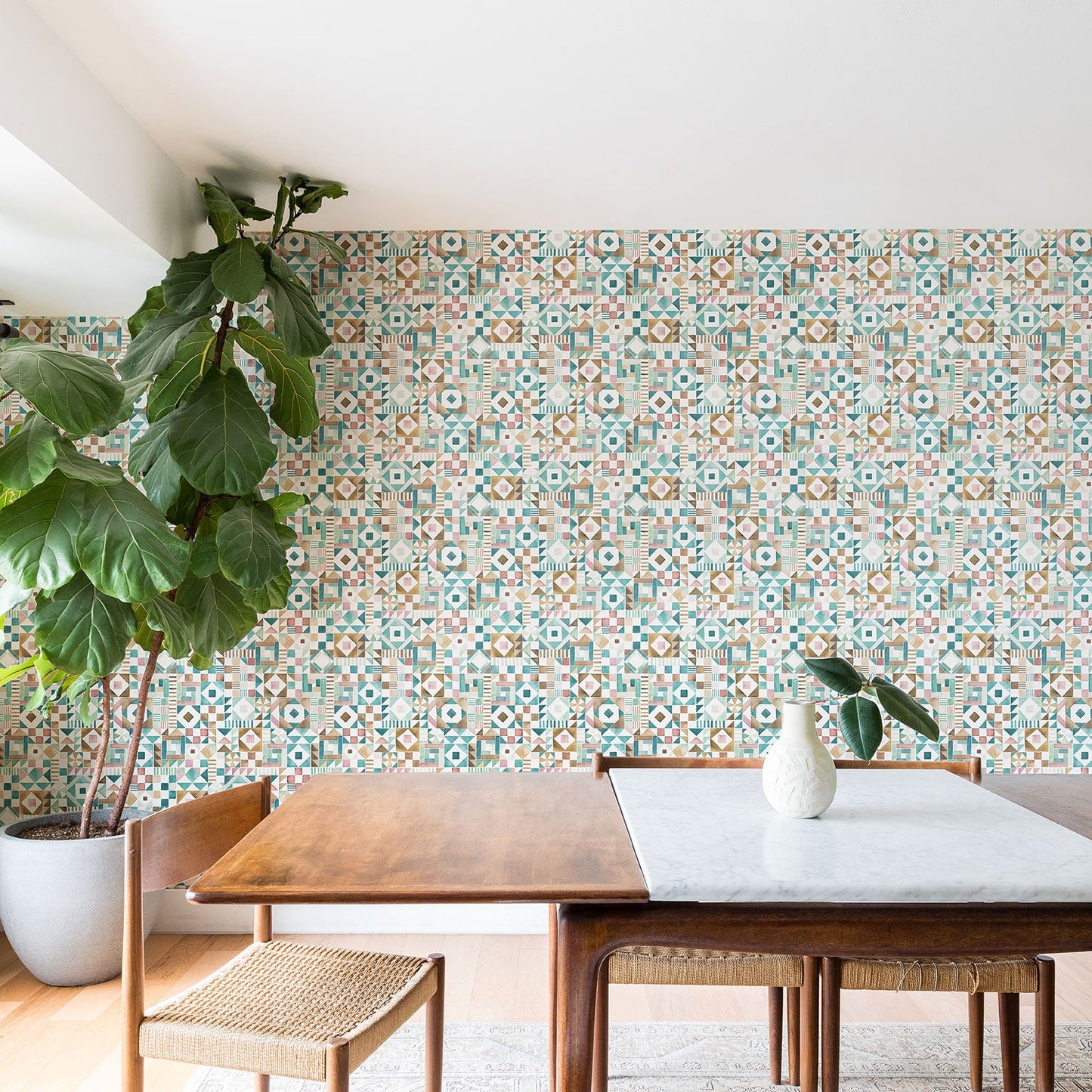 Ninola Design Charming Nostalgia Geometric Tiles Patchwork Aqua Pink Gold Wallpaper