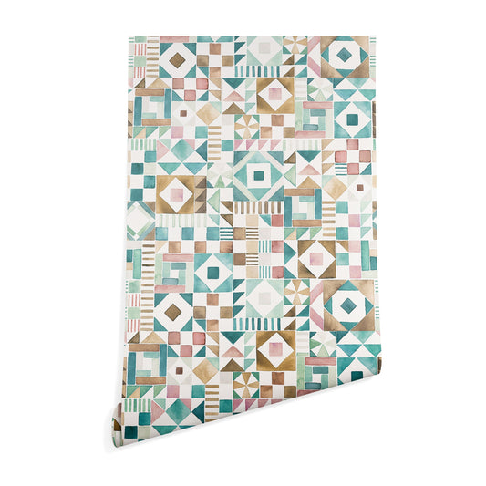 Ninola Design Charming Nostalgia Geometric Tiles Patchwork Aqua Pink Gold Wallpaper