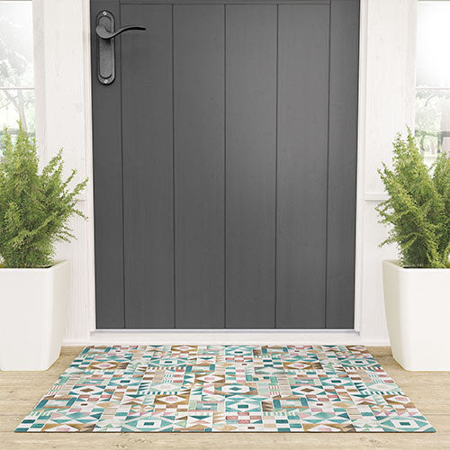Ninola Design Charming Nostalgia Geometric Tiles Patchwork Aqua Pink Gold Welcome Mat